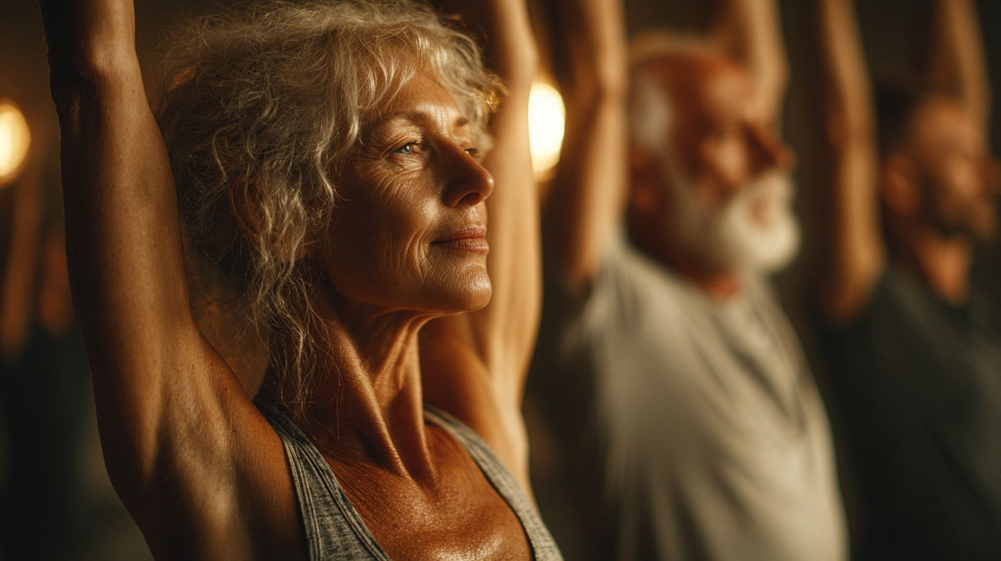 Grupo de seniores praticando yoga ao ar livre num ambiente natural e sereno